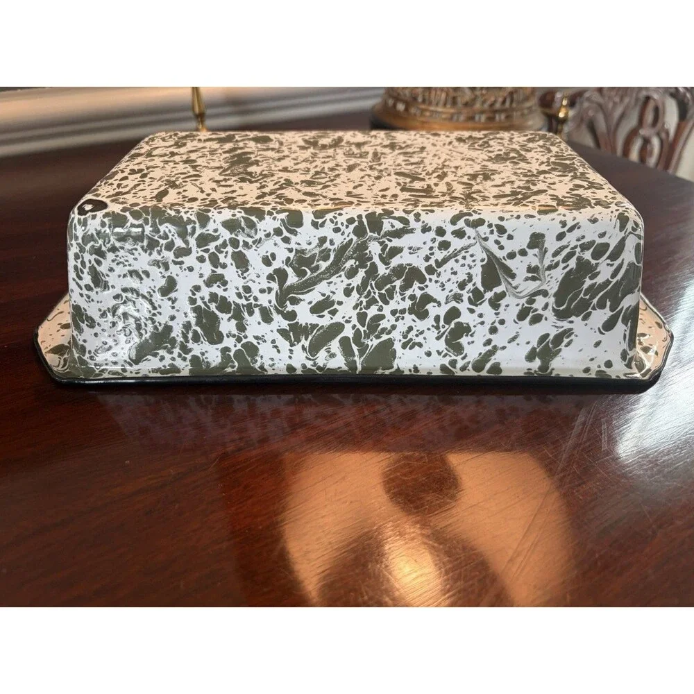 Vintage Olive Green and White Splatterware Enamelware Loaf Pan Excellent